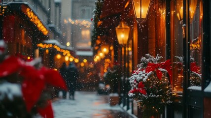 Snowy Christmas Street Scene With Festive Lights