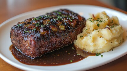 Sticker - Savory meatloaf served with creamy mashed potatoes and rich gravy on a wooden table