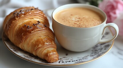 Canvas Print - Morning tea with a croissant and roses in a cozy setting