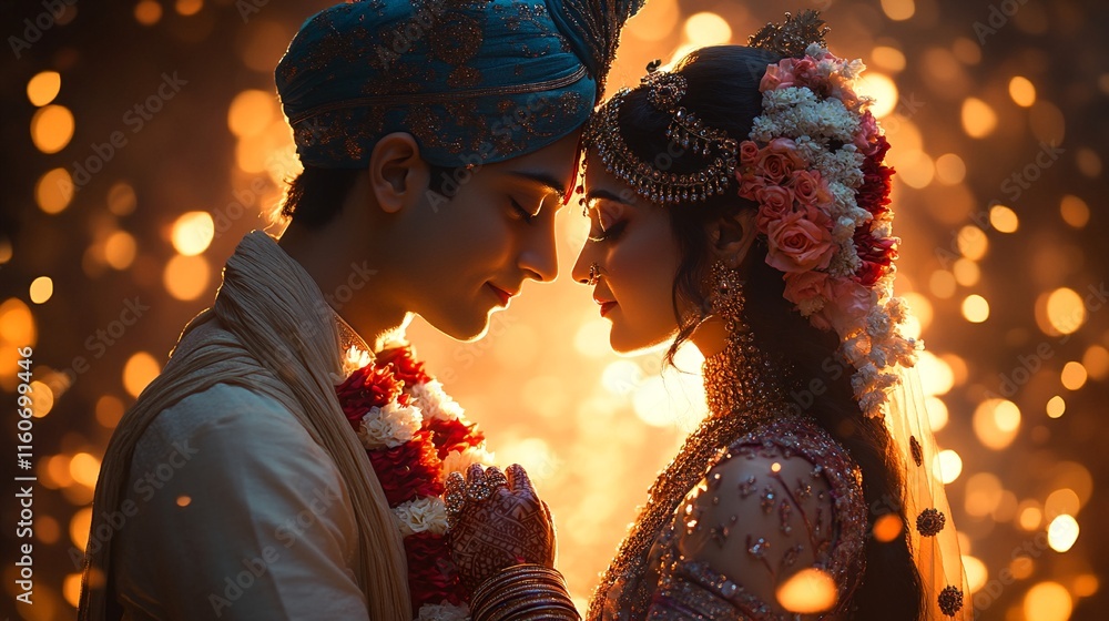 Indian couple dressed in traditional attire for their wedding ceremony ...