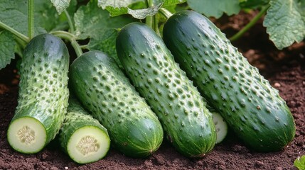 Canvas Print - Fresh cucumbers stacked on soil in a greenhouse during daylight