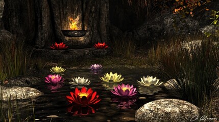 Wall Mural - A serene pond with colorful lotus flowers and a gentle fire in a tranquil natural setting.