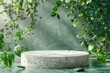 © Harsha - Natural stone and concrete podium with green background for product presentation.