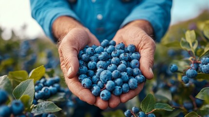 Canvas Print - Blueberry harvesting in a farm during daylight with hands full of ripe fruits