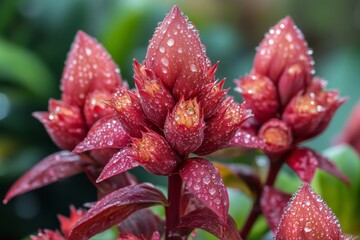 Wall Mural - Freshly bloomed red flowers glistening with dew in early morning sunlight