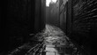 © suyu - Gritty and dark urban alley at night framed by derelict buildings, rain-soaked pavement, and an eerie mist evoking ominous tension, danger, and mystery in the inner city streets