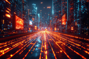 Poster - A futuristic cityscape with holographic advertisements and flying vehicles,