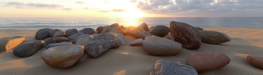 Wall Mural - A serene beach scene with smooth stones and a sunset over calm waters.