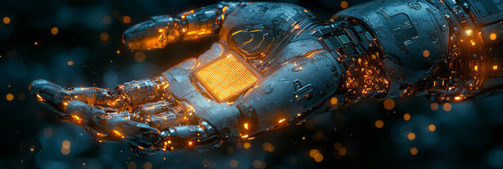 Leinwandbilder - An advanced robotic hand holding a glowing data chip,