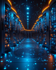Poster - A server room with glowing racks of data storage units,