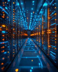 Poster - A server room with glowing racks of data storage units,