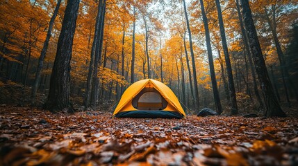 a bright yellow tent is set up in a forest clearing surrounded by colorful autumn leaves, capturing 