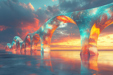 Poster - A surreal landscape with towering metallic arches,