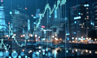 Abstract financial data overlaying a city night scene.