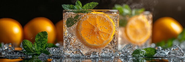 Poster - A sparkling glass of lemon water with ice cubes,