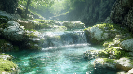 Poster - A cool mountain stream flowing through moss-covered rocks,