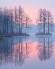 Poster - A cool mist rising over a tranquil lake at dawn,