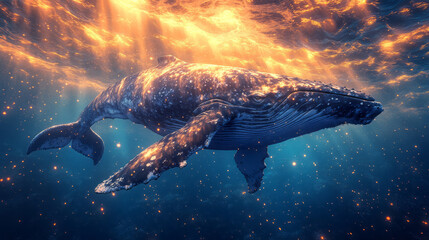 Poster - A majestic whale swimming through a deep ocean,