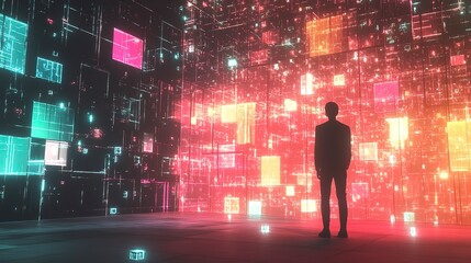 Blockchain developer visualizing glowing cryptocurrency networks, sleek and vibrant
