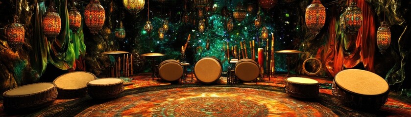 Wall Mural - A vibrant space filled with drums and colorful lanterns, inviting musical exploration.