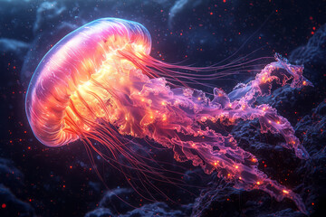 Wall Mural - A glowing jellyfish drifting through a dark ocean,