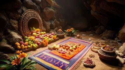 Poster - A vibrant display of fruits and sweets in a cave setting, symbolizing celebration or offering.