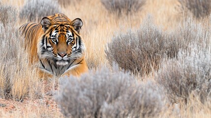 Wall Mural - A tiger stealthily moves through a grassy landscape, showcasing its majestic presence.