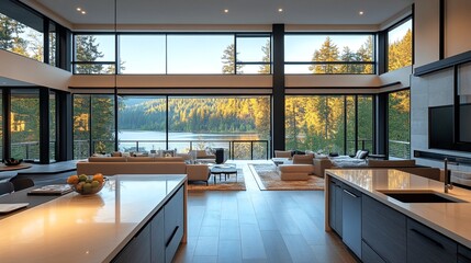 Wall Mural - Modern open-plan kitchen and living room with large windows overlooking a lake.