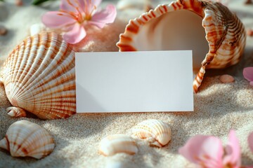 Wall Mural - Beach setting with seashells and flowers highlighting a blank card for notes or messages