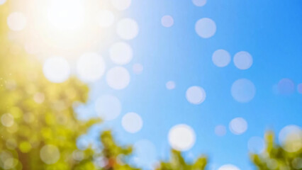 blurred bokeh background of fresh green spring, summer foliage of tree leaves with blue sky and sun 