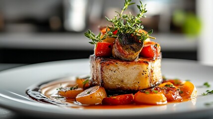 Wall Mural - A plate of seared pork medallions with peaches and thyme.