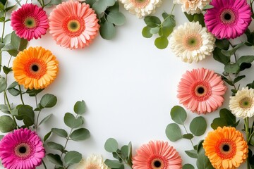 Wall Mural - Vibrant gerbera daisies arranged with eucalyptus leaves on a neutral background for a fresh, floral display