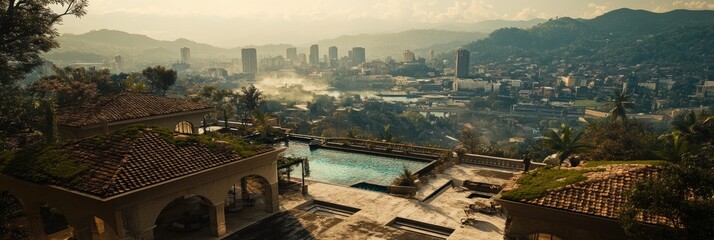 Wall Mural - A scenic view of a luxurious villa overlooking a cityscape with mountains in the background.