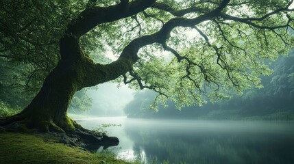 Poster - Ancient tree by misty river.