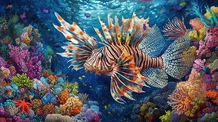 Canvas Print - Vibrant lionfish swimming amidst colorful coral reef.