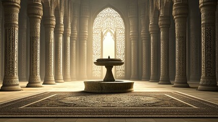 Poster - A serene architectural space featuring a fountain and intricate light patterns.