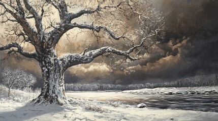 Poster - Snowy landscape with old tree by river under dramatic sky.