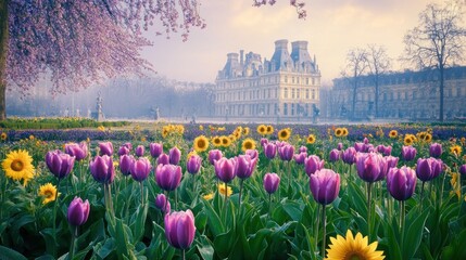 Canvas Print - Spring flowers bloom in front of a Parisian palace at sunrise.