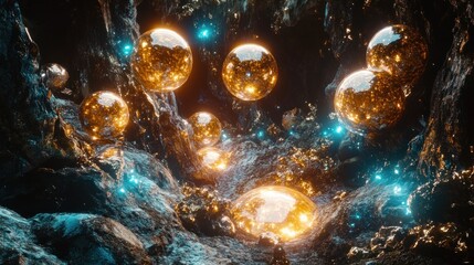 Poster - Golden spheres float in a dark, textured cavern, illuminated by glowing blue particles.