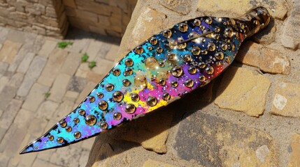 Poster - A colorful, decorative leaf-shaped object adorned with metallic studs, resting on a stone surface.