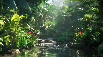 Serene jungle scene with a clear stream surrounded by dense greenery, sunlight streaming through the foliage, and a tranquil rainforest atmosphere.