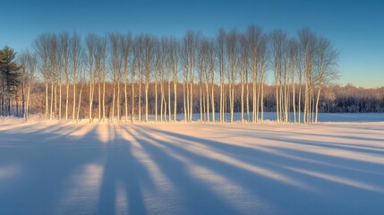 Poster - Winter sunrise, snow covered field, trees casting long shadows.