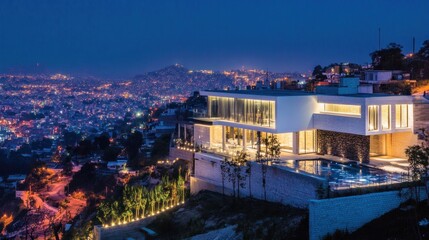 Wall Mural - Modern hillside mansion at night overlooking city lights. (1)