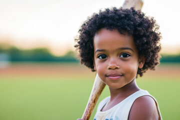 Smiling african child with baseball bat outdoors on sunny day