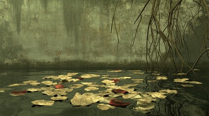 Wall Mural - A tranquil water scene with floating leaves and a textured green backdrop.