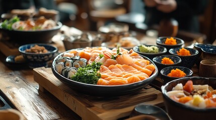 Wall Mural - A table laden with an assortment of Japanese dishes, including sashimi and sushi.