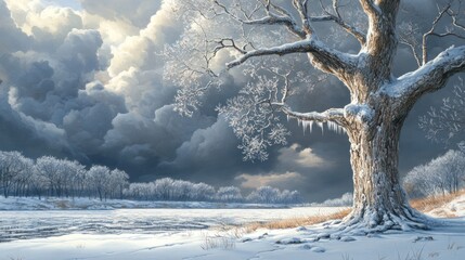 Canvas Print - Frosty winter landscape with snow-covered tree.