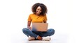 © engincan - Happy young African American woman student sitting isolated at white background using laptop computer advertising elearning course, online education webinars, internet services. Vertical photo.