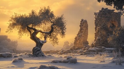 Poster - Winter sunrise illuminates ancient ruins and a snow-covered olive tree.