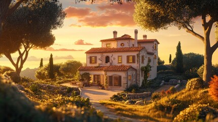 Wall Mural - Tuscan villa at sunset, idyllic landscape.